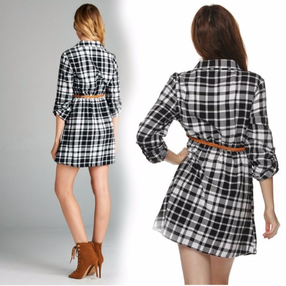 Black Plaid Flannel Belted Cotton dress - Picture 3 of 5